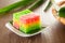 Kuih Lapis Ubi with rainbow color, traditional Malaysian Nyonya sweet cake