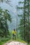 Kullu, Himachal Pradesh, India - August 31, 2018 : traveler in the forest in himalayas