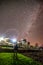 Kullu, Himachal Pradesh, India - November 30, 2018 : Boy under milkyway over indian village in Autumn season in mountains