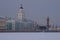 Kunstkammer and South Rostral Column in the February twilight. Saint-Petersburg, Russia