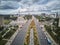 Kutuzovskiy avenue and Park Pobedy on Poklonnaya Hill in Moscow, Russia. Aerial view