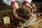 Kutya is a ceremonial grain dish. man in slavic shirt holding bowl with traditional kutia. Christmas sweet dishes in Ukraine,