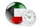 Kuwaiti flag with clock. Time in Kuwait, 3D rendering