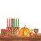 Kwanzaa. African-American holiday. Kinara, seven burning candles, red black green map cup drum gift harvest. Hand drawn