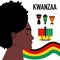 Kwanzaa celebration poster with symbols.Woman profil portrait.Seven candles kinara for lighting ceremony Mishuma Saba.Unity cup