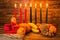Kwanzaa holiday concept with traditional lit candles, gift box,