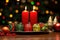 a kwanzaa kinara with unlit candles on festive table