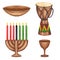 Kwanzaa set of elements. Kinara, seven burning candles, cup, drum, goblet. African-American holiday. Hand drawn