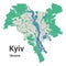 Kyiv city map with administrative borders. Dnieper river, forests, roads, railway