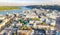 Kyiv cityscape aerial drone view, Dnipro river, downtown and Podol historical district skyline from above, city of Kiev, Ukraine