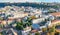 Kyiv cityscape aerial drone view, Dnipro river, downtown and Podol historical district skyline from above, city of Kiev, Ukraine
