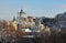 Kyiv skyline and Saint Andrew`s Church located at the top of Andriyivskyy Descent in Kiev ,view from Horovitsya Lysaya gora