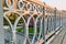 Kyiv UA, 23-04-2019. Abstract metallic gray figured fence on the bridge in Kyiv on square Maidan Nezalezhnosti