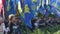 Kyiv, Ukraine 14 oct 2019. Activist crowd chanting with Svoboda banners at protest on Minsk Protocol, Steinmeier Formula