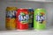 KYIV, UKRAINE - 4 MAY, 2023: Fanta soft drink brand tin cans with various flavours