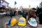 KYIV, UKRAINE: Bright helmets participants anti-government revolution inside the camp of protesters