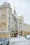 Kyiv, Ukraine - December 13, 2018: Old modern historic upscale town colorful street buildings of Kiev city in Podil, the luxury