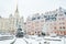 Kyiv, Ukraine - December 13, 2018: Old modern historic upscale town colorful street buildings of Kiev city in Podil, the luxury