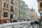 Kyiv, Ukraine - December 13, 2018: Old modern historic upscale town colorful street buildings of Kiev city in Podil, the luxury