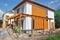 KYIV - UKRAINE, FEBRUARY - 12, 2017: Contemporary Outdoor Terrace. Modern Home Construction with wooden pillars terrace patio ins