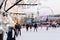 Kyiv, Ukraine - January 2020: people on a skating rink at the Christmas market on Kontraktova Square