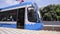 Kyiv, Ukraine - June 15, 2020: speed tram with closing door moving from station