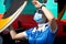 Kyiv, Ukraine - June 27, 2020: A flight attendant and a stewardess in a medical mask. Plane Windrose airline prepares to take