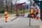 Kyiv Ukraine - March 28 2020: Workers sprays disinfectant as part of preventive measures against the spread of the COVID-19