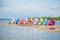 Kyiv, Ukraine- May 15, Stacked catamarans on the lake. Bright colorful pedal boats at the lake beach