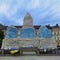 Kyiv, Ukraine, May 27, 2022: Covered monument to Princess Olga, St. Andrew the Apostle, educators Cyril and Methodius