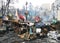 KYIV, UKRAINE - October 28, 2019: Protester burn tires and molotov coctails on the Maidan barricades to stop the riot police.