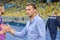 KYIV, UKRAINE - SEPT 5, 2016: Coach Andriy Shevchenko thanks players during the FIFA World Cup 2018 qualifying game of Ukraine na
