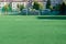 Kyiv, Ukraine - September 02, 2019. Mishugi St. School stadium. Artificial grass, white lines, soccer goal on sunny day