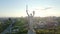 Kyiv, Ukraine - September, 2021: aerial view of Motherland Monument. Drone footage with sun flares. Monumental statue in