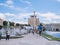 Kyiv. Ukraine. Summer 2018. Independence Square. Maydan Nezalezhnosti with monument and hotel Ukraina with flag and fountain