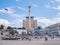 Kyiv. Ukraine. Summer 2018. Independence Square. Maydan Nezalezhnosti with monument and hotel Ukraina with flag and fountain