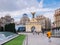 Kyiv. Ukraine. Summer 2018. Independence Square. Maydan Nezalezhnosti with monument and hotel Ukraina with flag and fountain