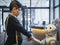 KYOTO, JAPAN - APR 14, 2017 : Pepper Robot Greeting shake hand with Asian tourist Tourism Japan