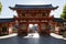 Kyoto, Japan - May 18, 2017: Main gate of the Yasaka jinja shrine in Kyoto with women in kimono