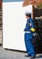 KYOTO, JAPAN - NOVEMBER 7, 2017: Japanese policeman on white banner background. Frame for text. Copy space for text.