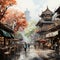 Kyoto\\\'s Cultural Canvas: A Watercolor Painting of a Chinese Temple and Market Stalls