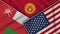 Kyrgyzstan United States of America Oman Flags Together Fabric Texture Illustration
