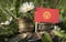 Kyrgyzstani flag with stack of money coins with grass