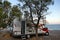 Kythira, Greece, September 26 2019, Beautiful camper van parked near the beach of Paleopoli