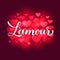 L amour calligraphy hand lettering on red blurred hearts background. Love in French. Valentines day typography poster