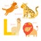 L letter animals set. English alphabet