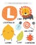 L letter objects and animals including lion, lemon, light bulb, lollipop, ladybird, leaf