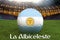 La Albiceleste on Argentinian language on football team ball on big stadium background. Argentina Team competition concept. Argent