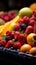 La Boqueria Market in Barcelona showcases a colorful, close up array of freshly sliced fruits