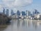 La Defense business district and the Seine from Pont de Levallois, in the department of Hauts-de-Seine, France, Europe